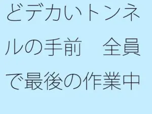 どデカいトンネルの手前 全員で最後の作業中